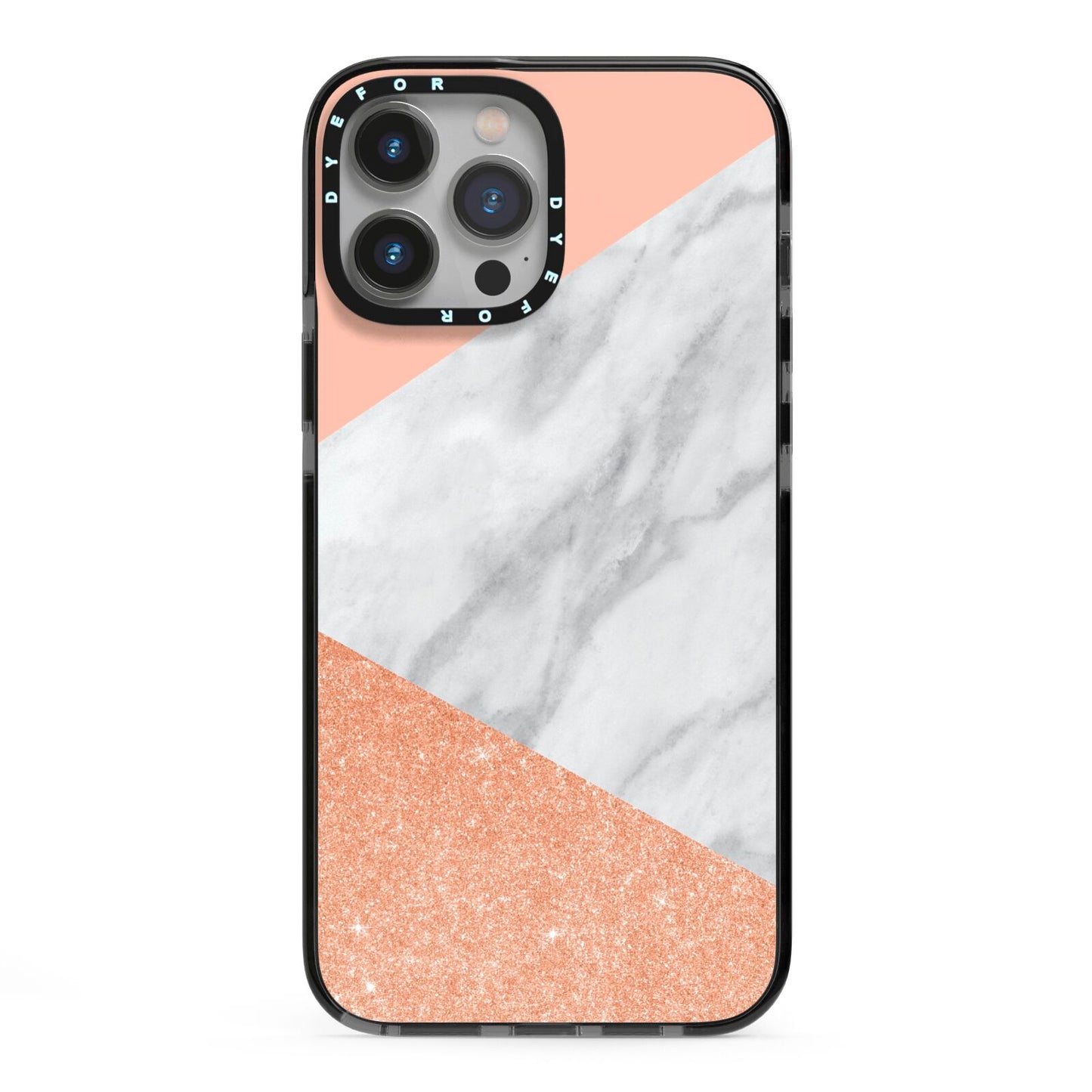 Marble Rose Gold Pink iPhone 13 Pro Max Black Impact Case on Silver phone