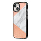 Marble Rose Gold Pink iPhone 14 Black Impact Case Side Angle on Silver phone