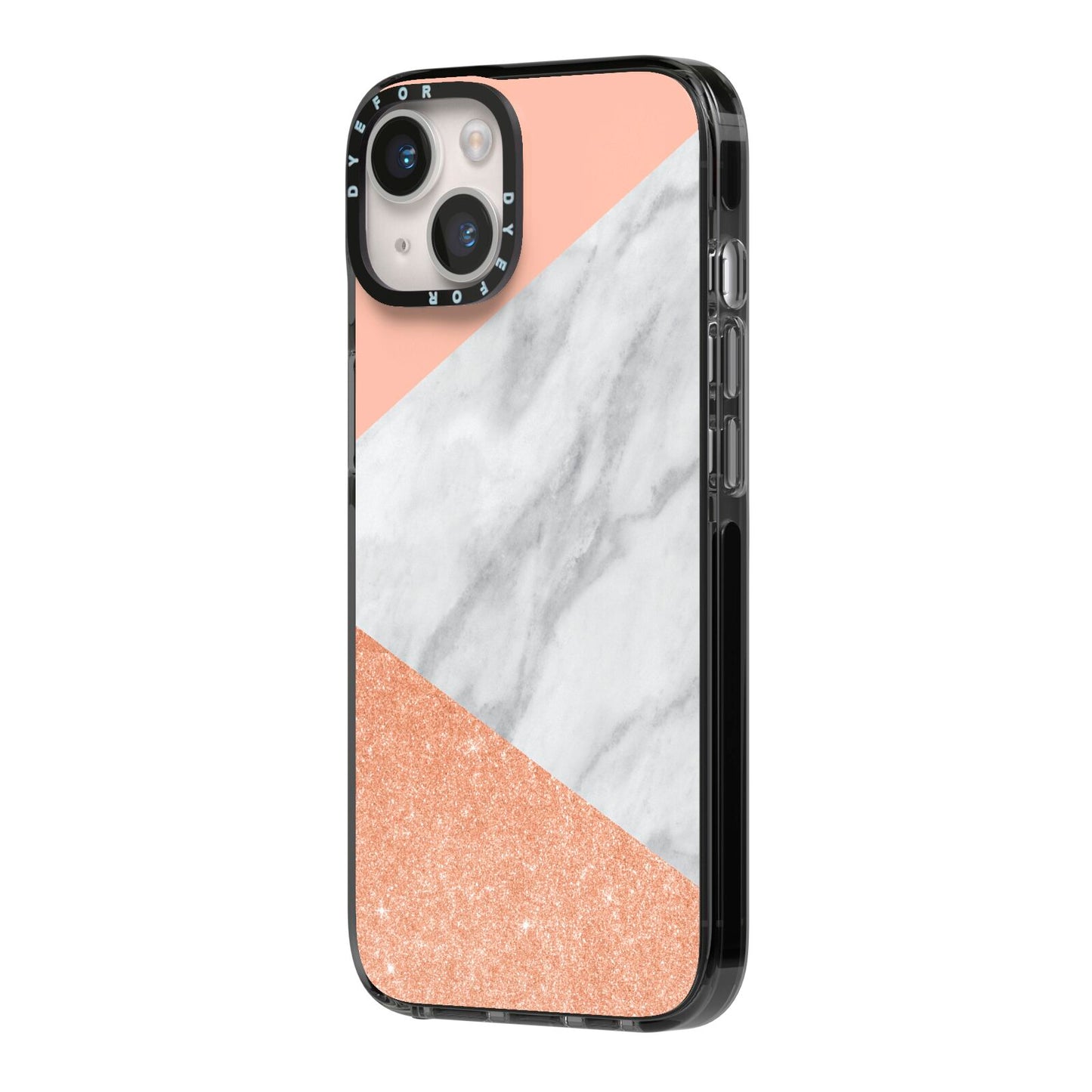 Marble Rose Gold Pink iPhone 14 Black Impact Case Side Angle on Silver phone