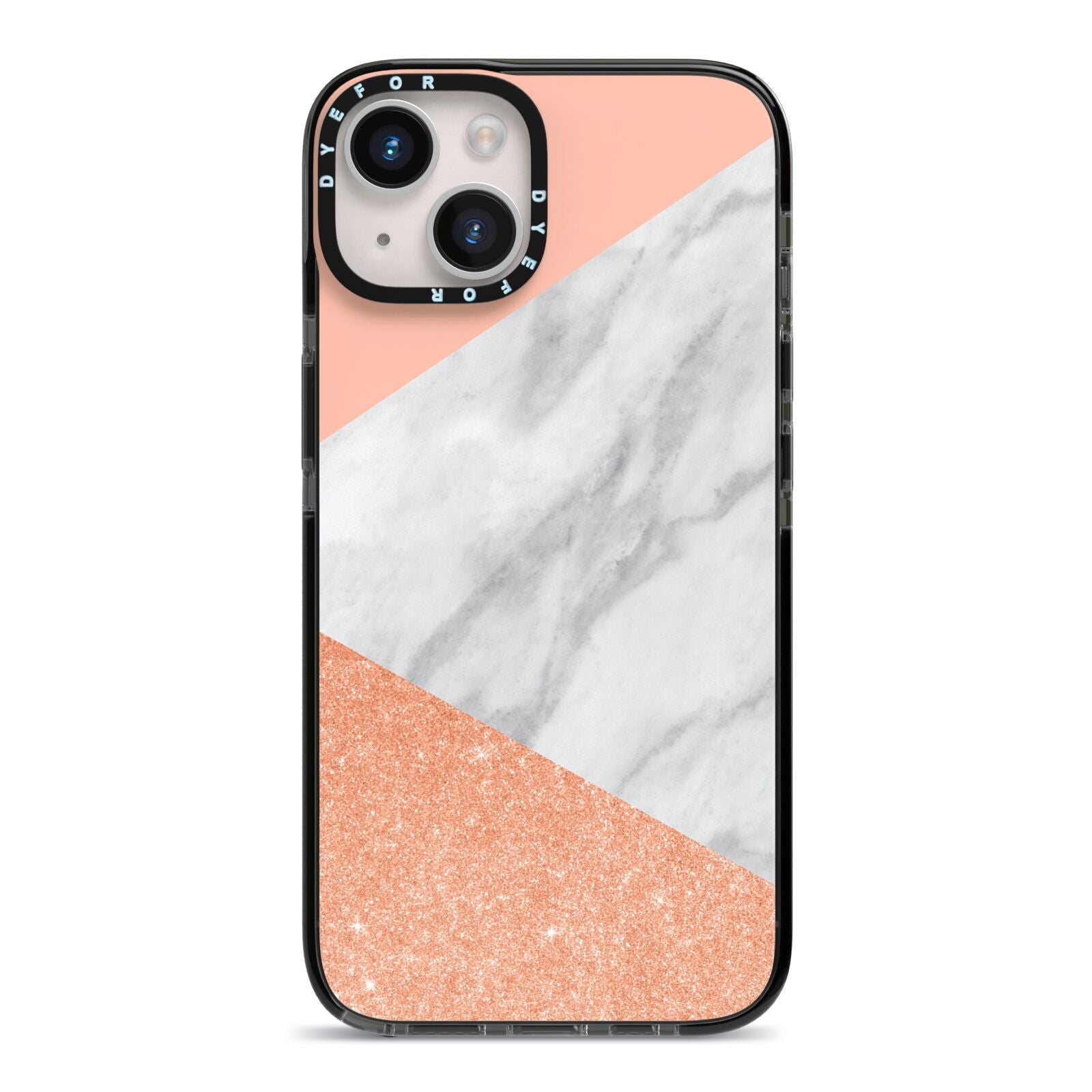 Marble Rose Gold Pink iPhone 14 Black Impact Case on Silver phone