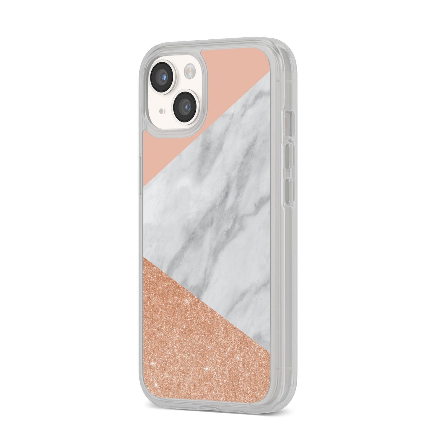 Marble Rose Gold Pink iPhone 14 Clear Tough Case Starlight Angled Image