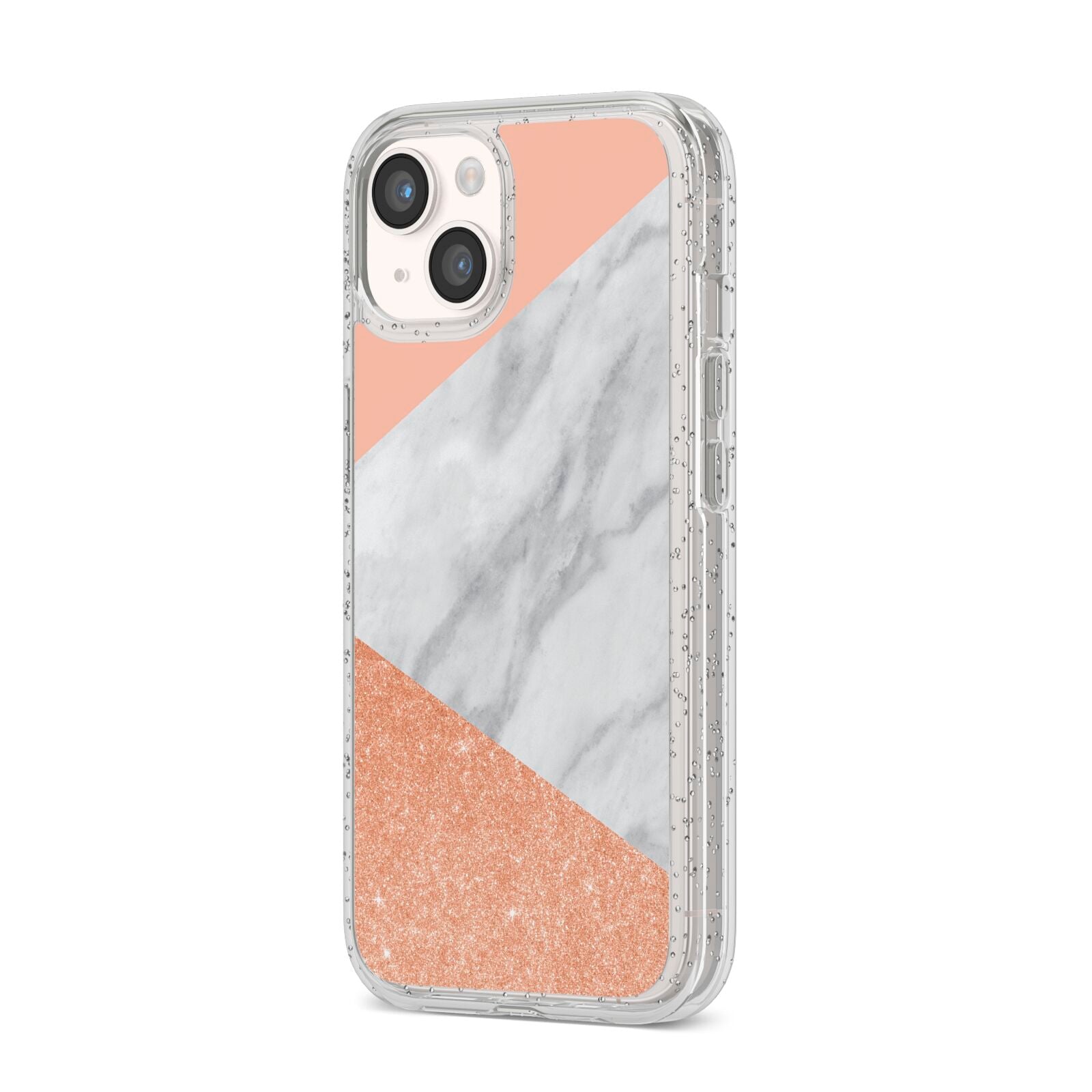Marble Rose Gold Pink iPhone 14 Glitter Tough Case Starlight Angled Image