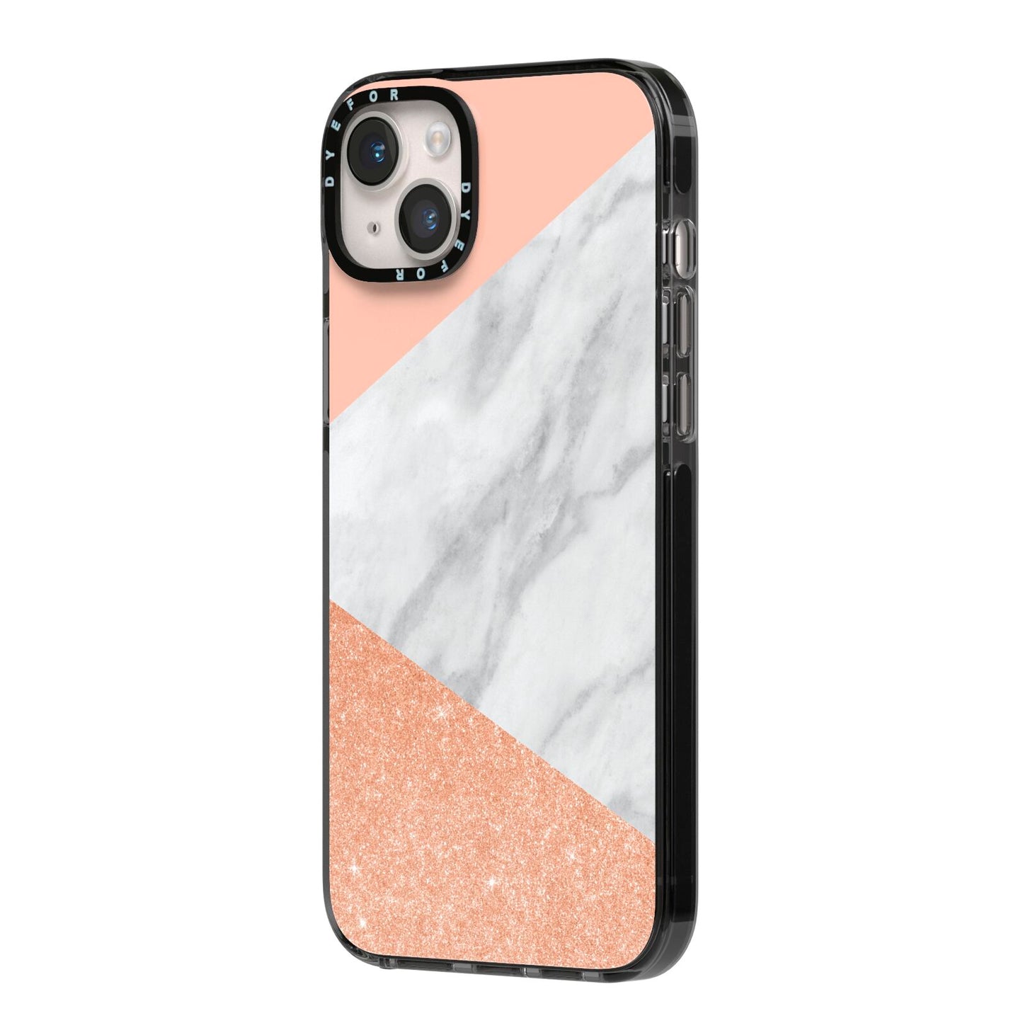 Marble Rose Gold Pink iPhone 14 Plus Black Impact Case Side Angle on Silver phone