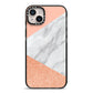 Marble Rose Gold Pink iPhone 14 Plus Black Impact Case on Silver phone