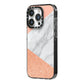 Marble Rose Gold Pink iPhone 14 Pro Black Impact Case Side Angle on Silver phone