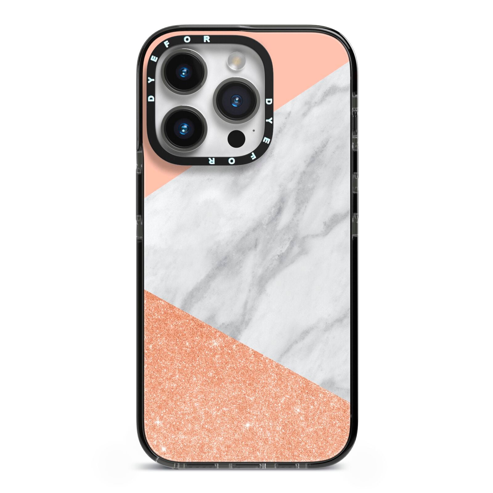 Marble Rose Gold Pink iPhone 14 Pro Black Impact Case on Silver phone