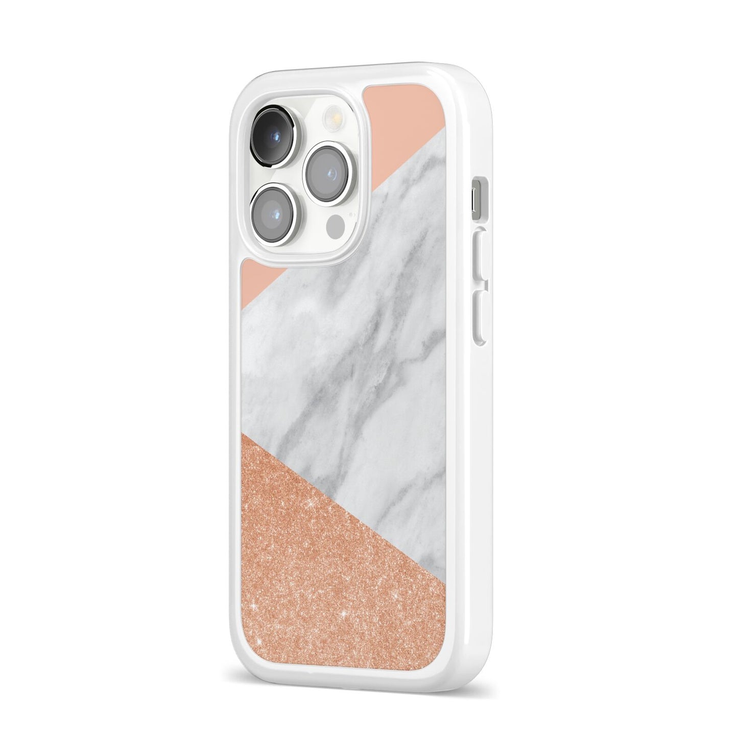 Marble Rose Gold Pink iPhone 14 Pro Clear Tough Case Silver Angled Image