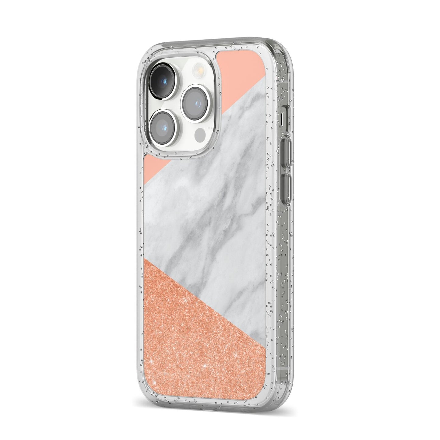 Marble Rose Gold Pink iPhone 14 Pro Glitter Tough Case Silver Angled Image