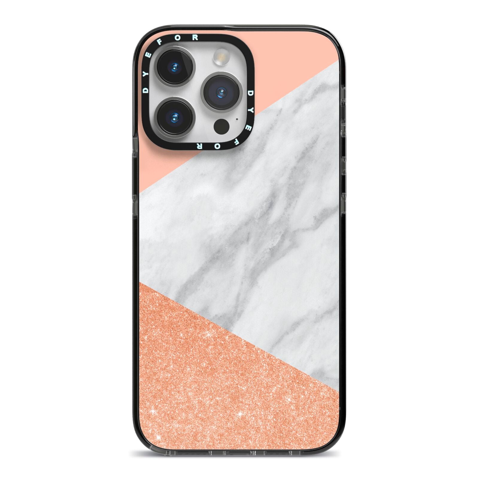 Marble Rose Gold Pink iPhone 14 Pro Max Black Impact Case on Silver phone