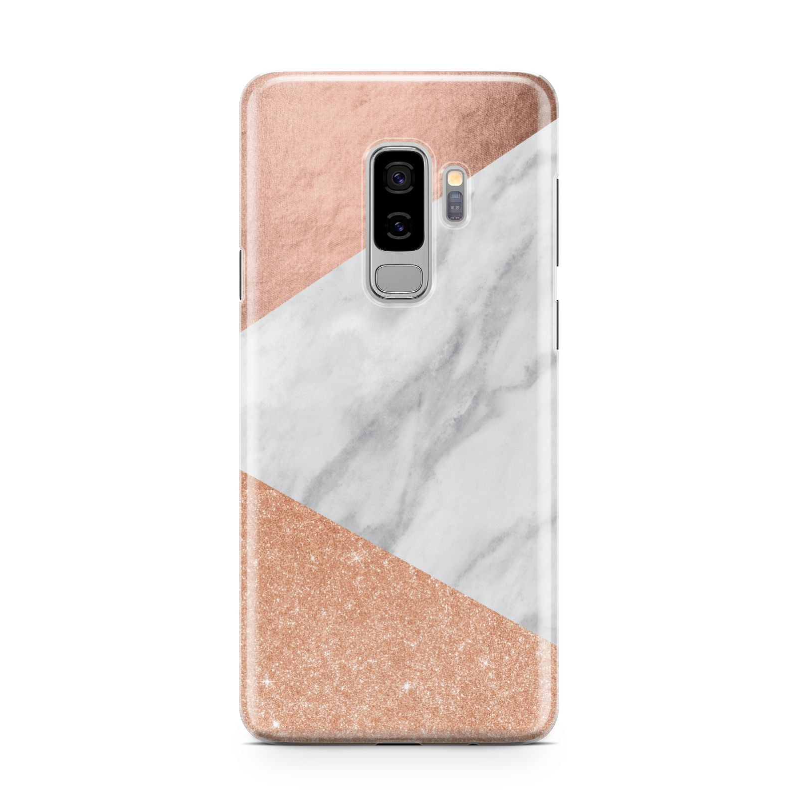 Marble Rose Gold Samsung Galaxy S9 Plus Case on Silver phone