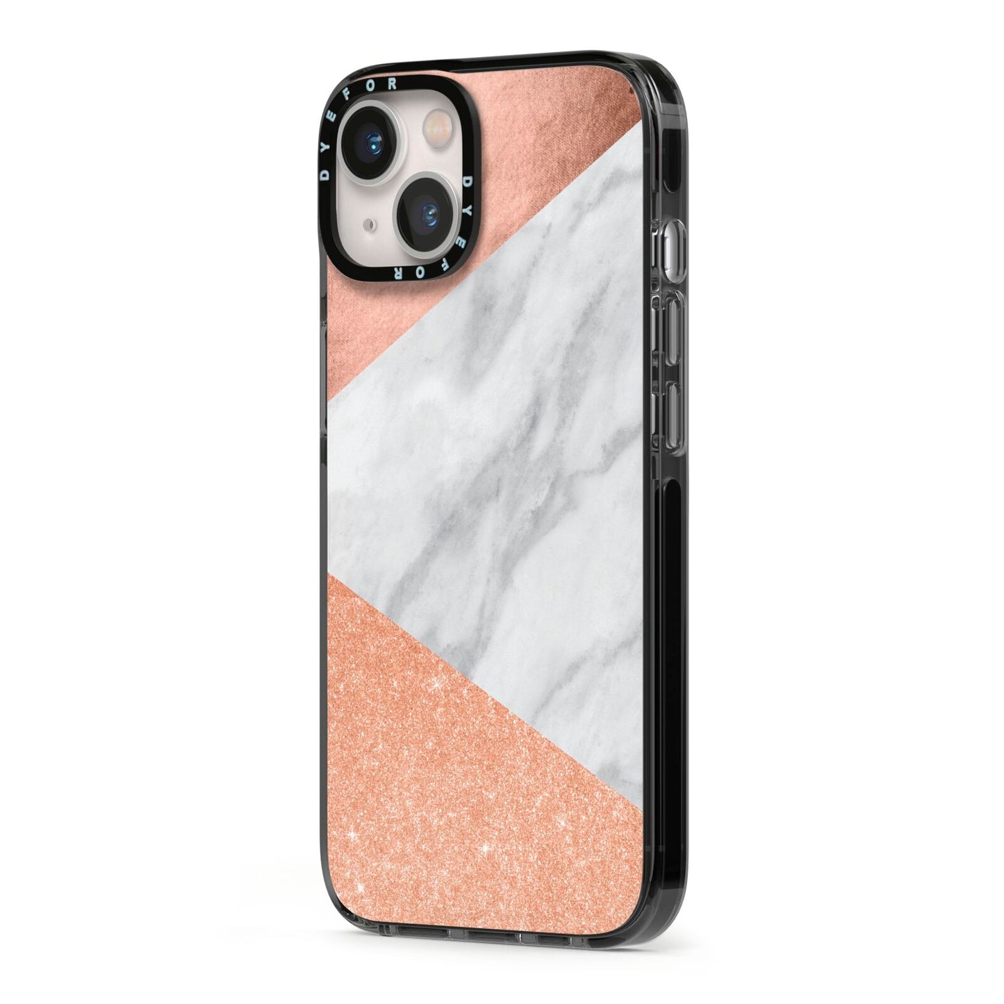 Marble Rose Gold iPhone 13 Black Impact Case Side Angle on Silver phone