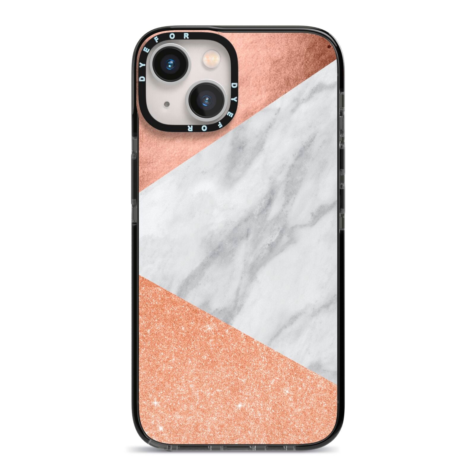 Marble Rose Gold iPhone 13 Black Impact Case on Silver phone