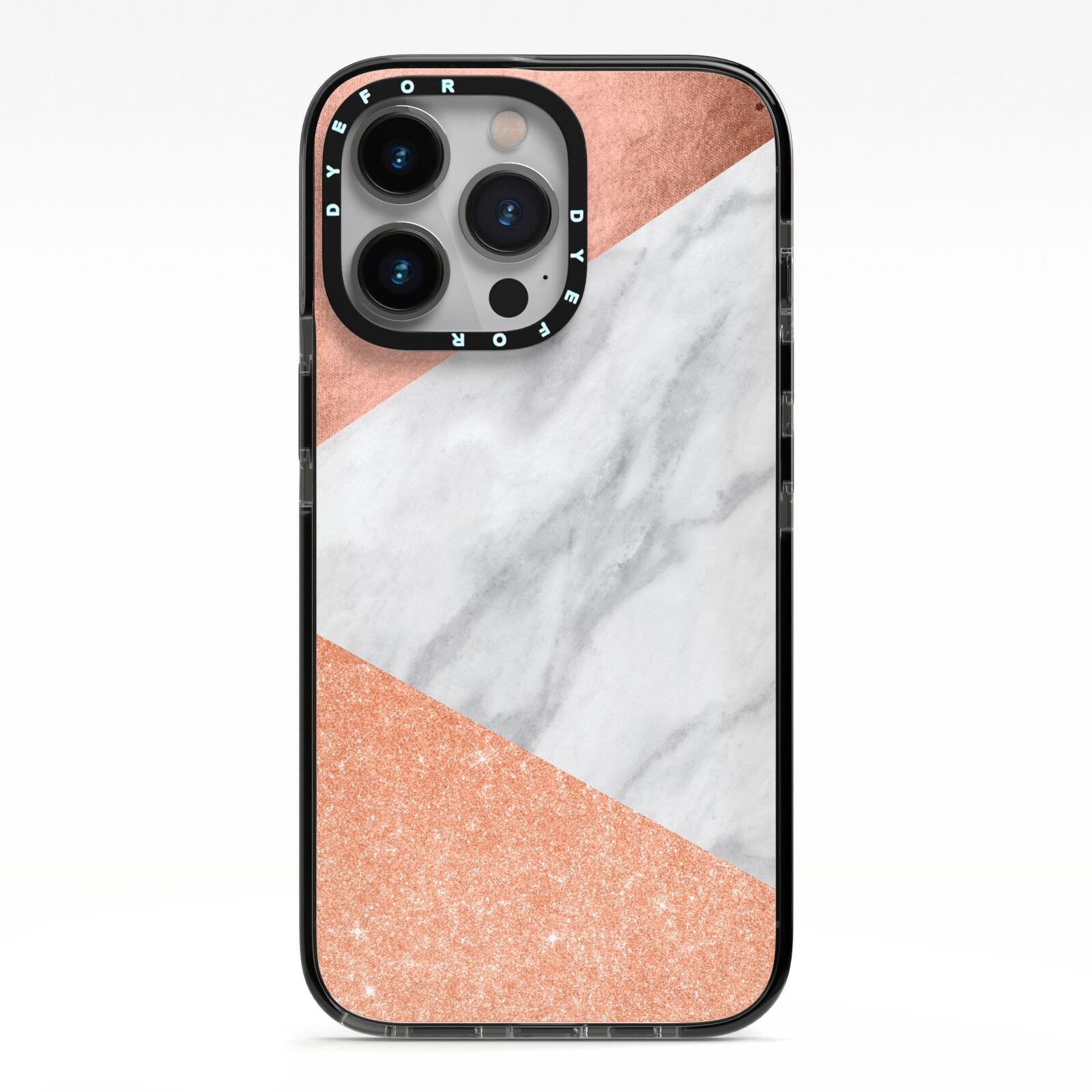 Marble Rose Gold iPhone 13 Pro Black Impact Case on Silver phone
