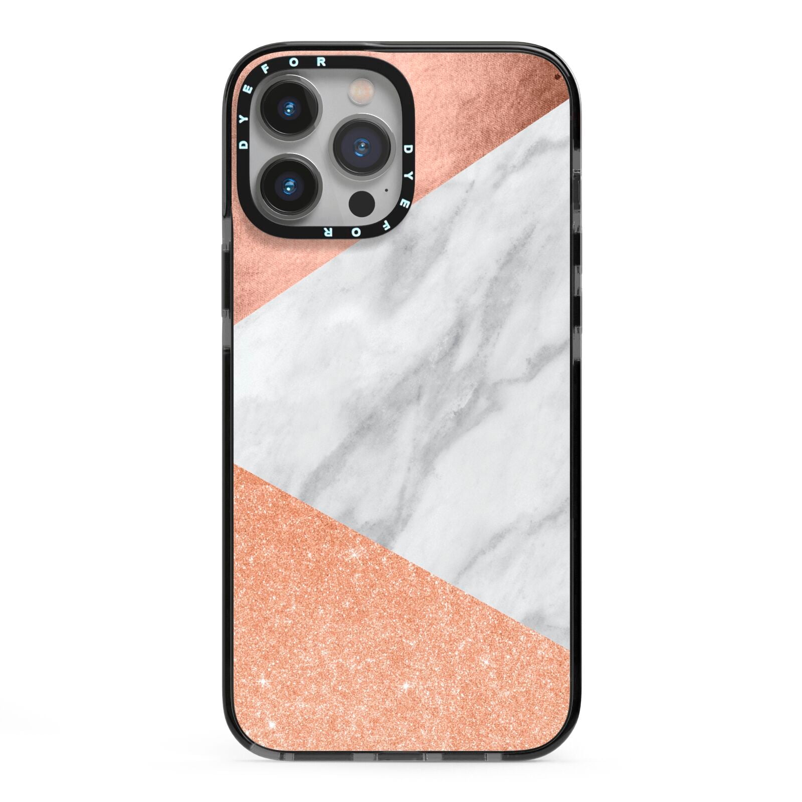 Marble Rose Gold iPhone 13 Pro Max Black Impact Case on Silver phone