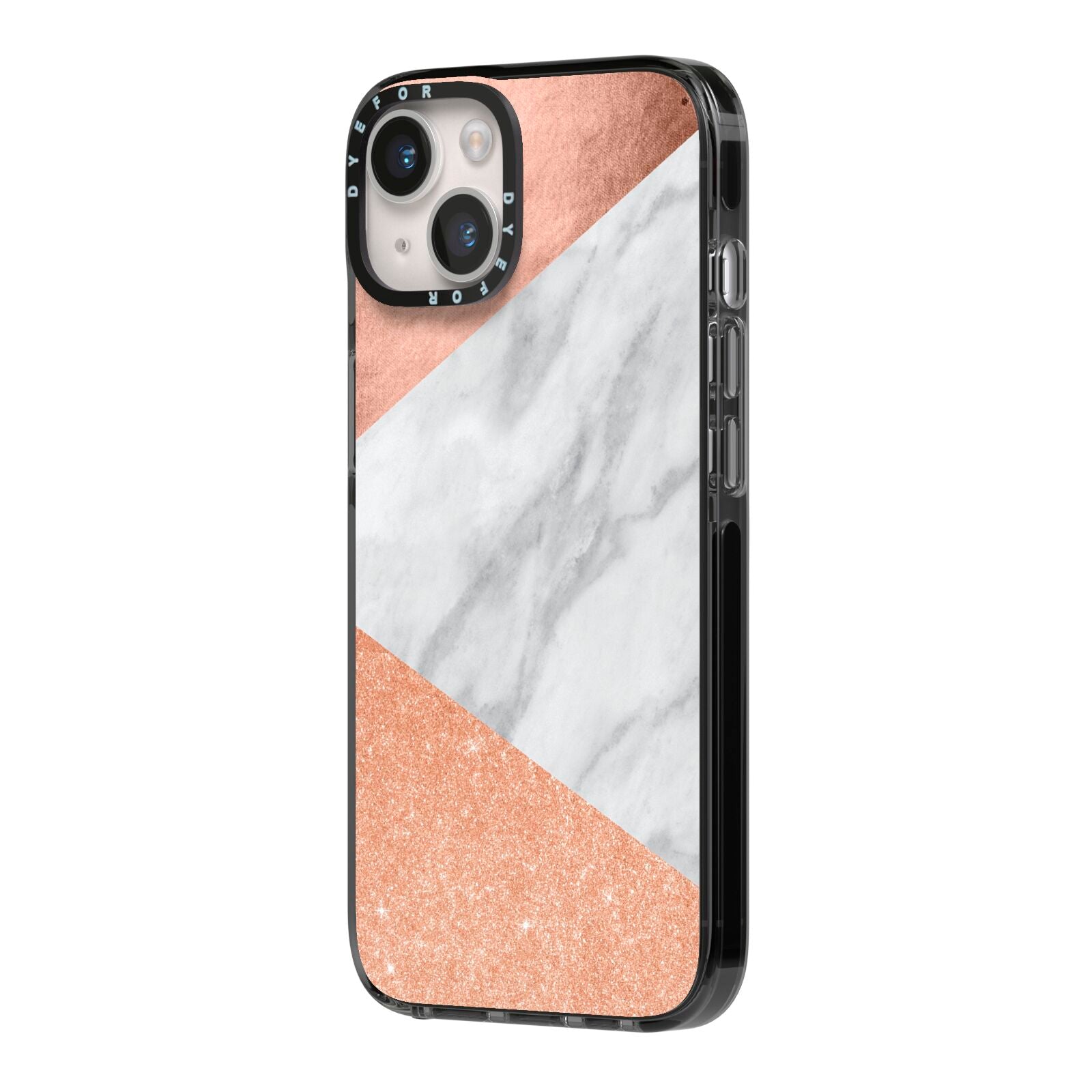 Marble Rose Gold iPhone 14 Black Impact Case Side Angle on Silver phone