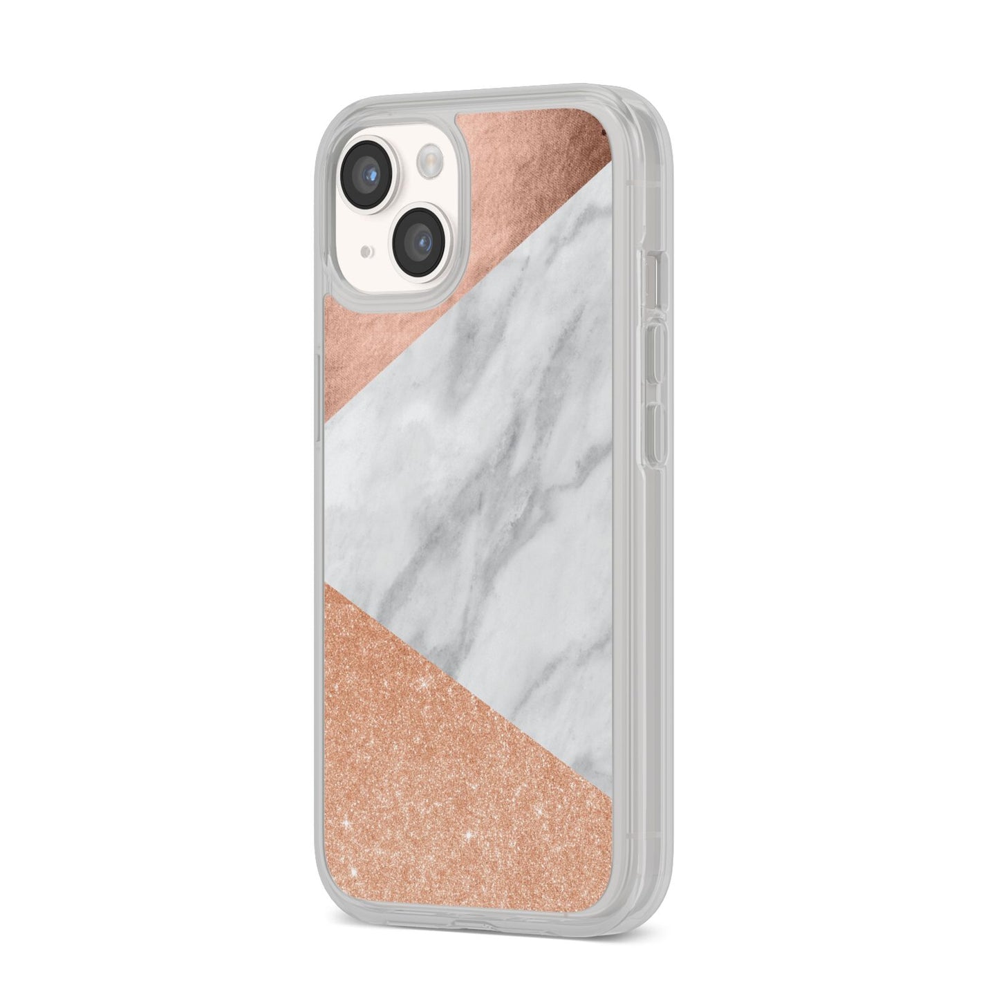 Marble Rose Gold iPhone 14 Clear Tough Case Starlight Angled Image