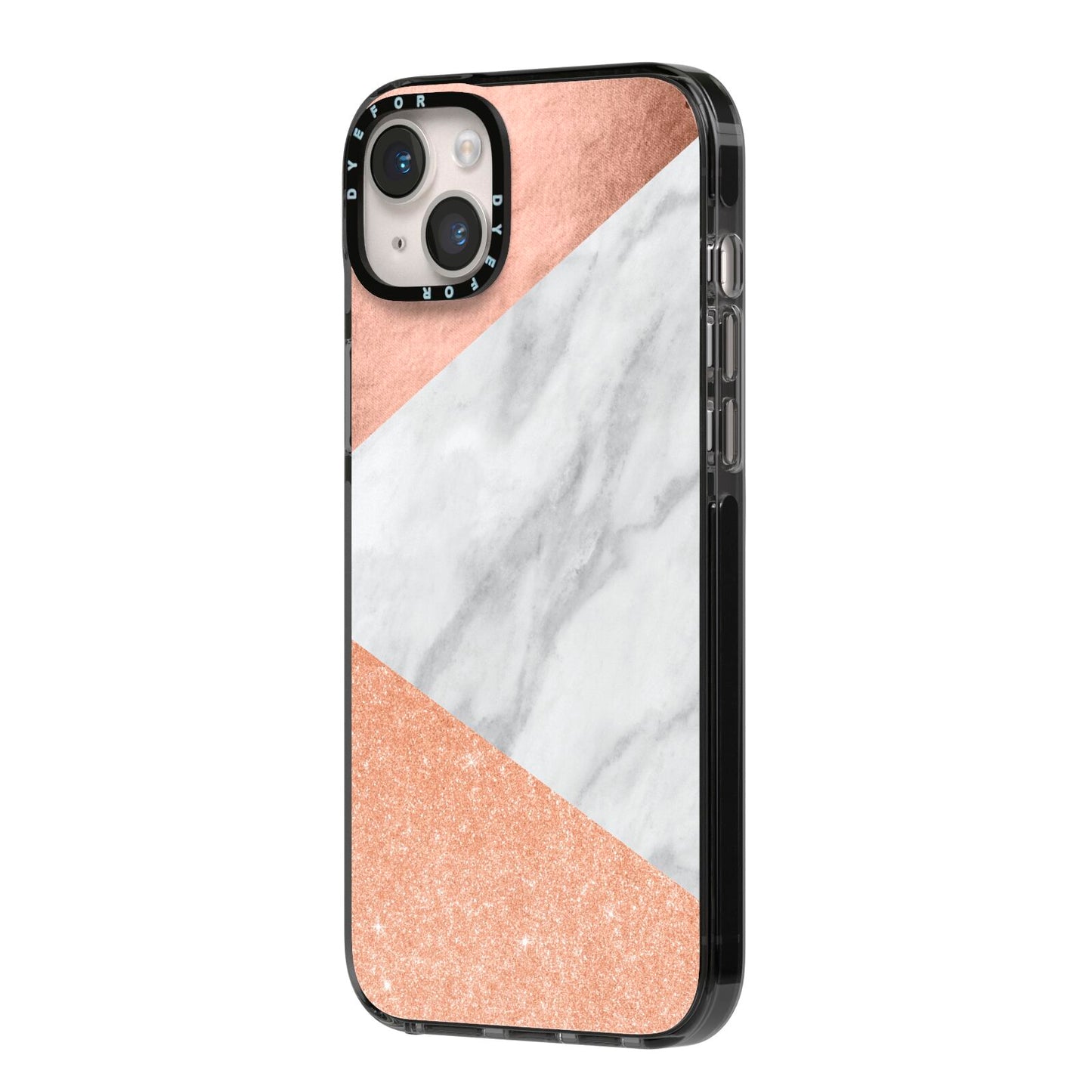 Marble Rose Gold iPhone 14 Plus Black Impact Case Side Angle on Silver phone