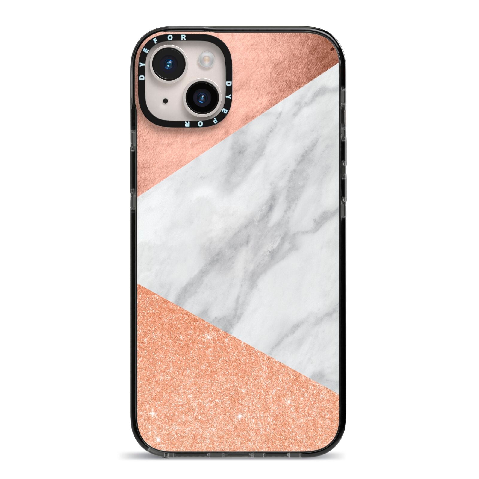 Marble Rose Gold iPhone 14 Plus Black Impact Case on Silver phone