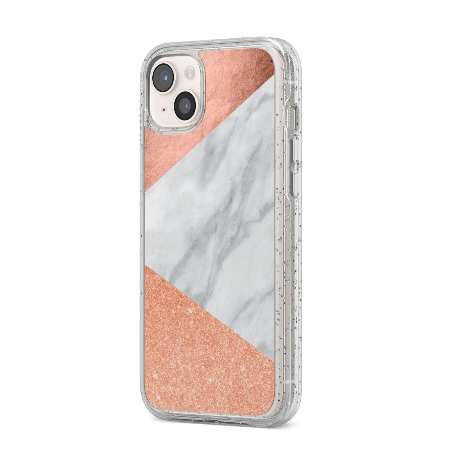 Marble Rose Gold iPhone 14 Plus Glitter Tough Case Starlight Angled Image