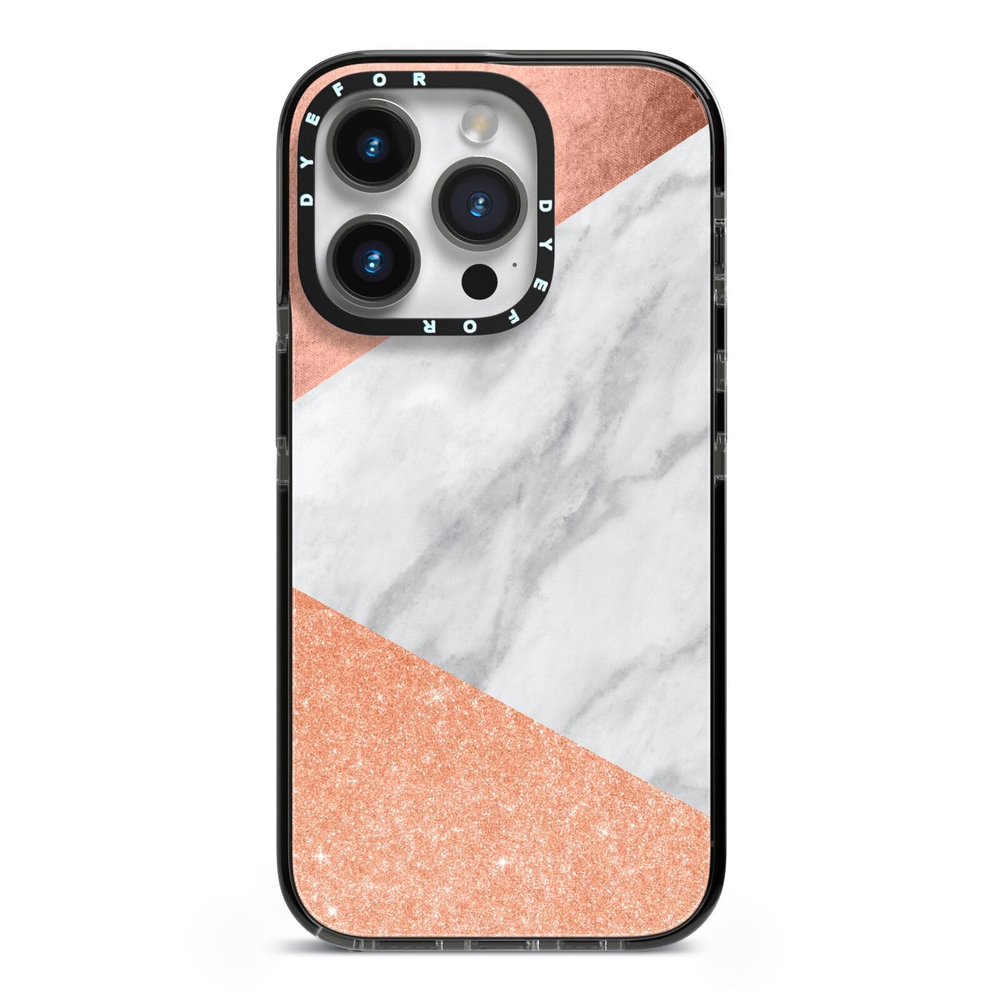 Marble Rose Gold iPhone 14 Pro Black Impact Case on Silver phone
