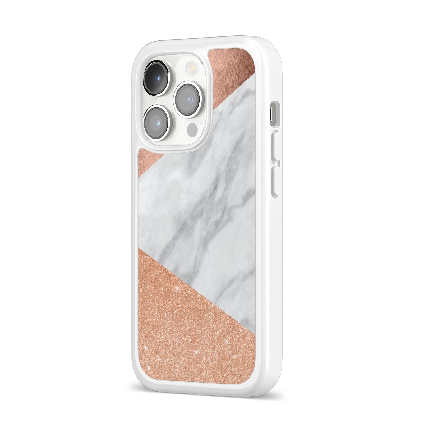 Marble Rose Gold iPhone 14 Pro Clear Tough Case Silver Angled Image