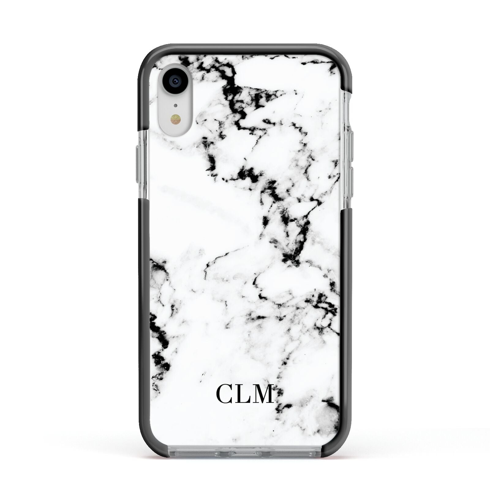 Marble Small Initials Personalised Apple iPhone XR Impact Case Black Edge on Silver Phone