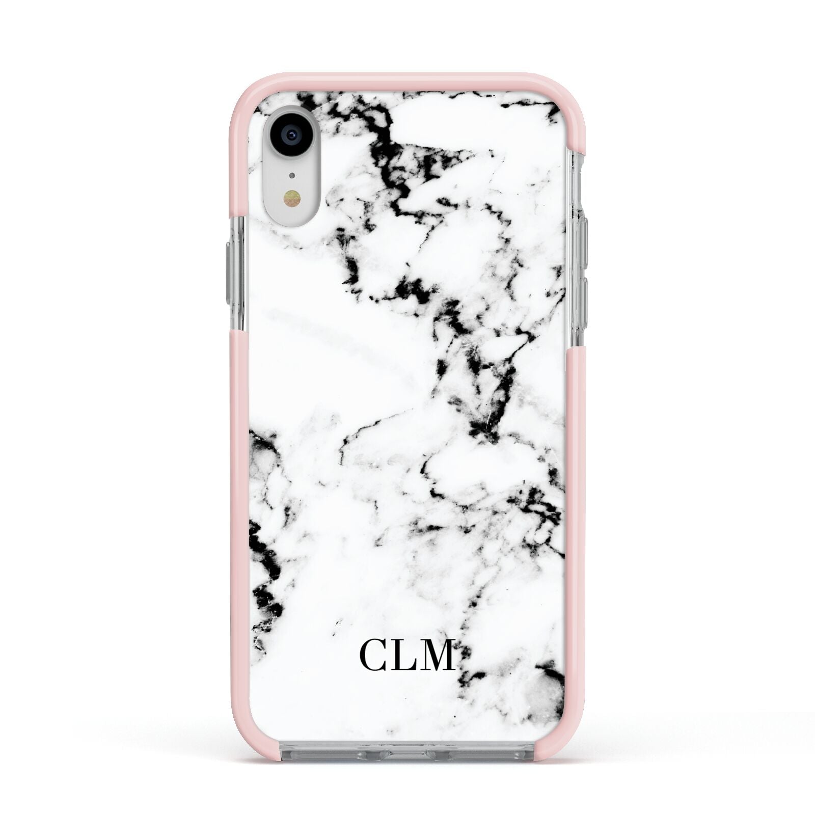 Marble Small Initials Personalised Apple iPhone XR Impact Case Pink Edge on Silver Phone