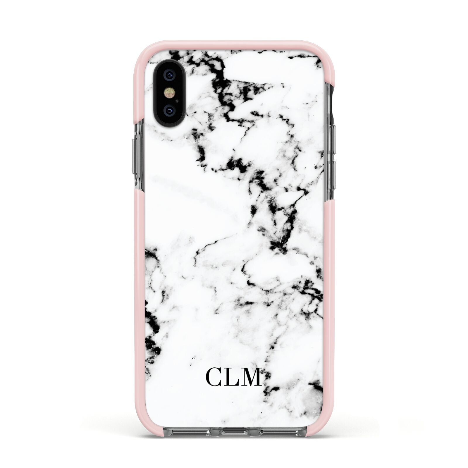 Marble Small Initials Personalised Apple iPhone Xs Impact Case Pink Edge on Black Phone