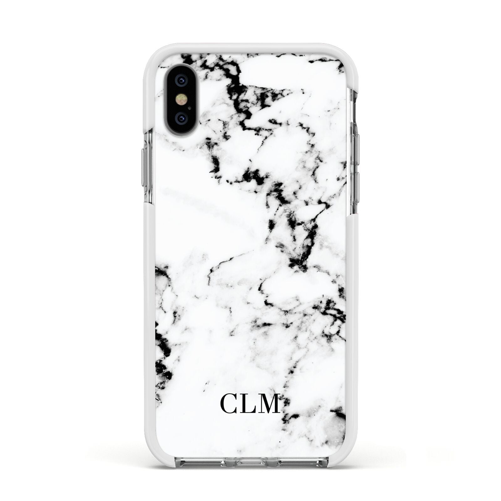 Marble Small Initials Personalised Apple iPhone Xs Impact Case White Edge on Silver Phone