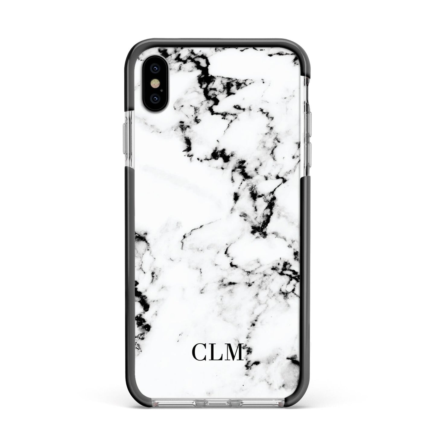 Marble Small Initials Personalised Apple iPhone Xs Max Impact Case Black Edge on Silver Phone