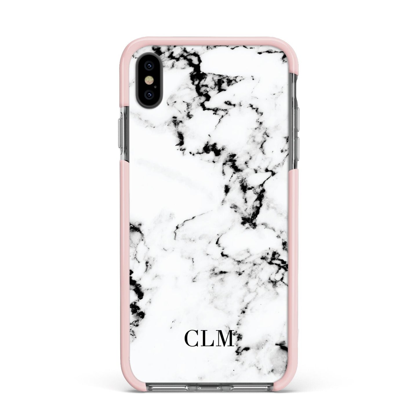 Marble Small Initials Personalised Apple iPhone Xs Max Impact Case Pink Edge on Black Phone