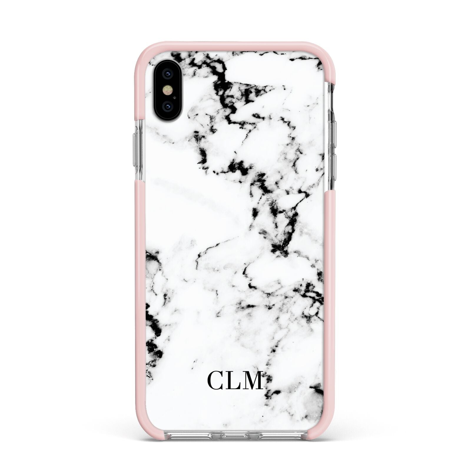 Marble Small Initials Personalised Apple iPhone Xs Max Impact Case Pink Edge on Silver Phone