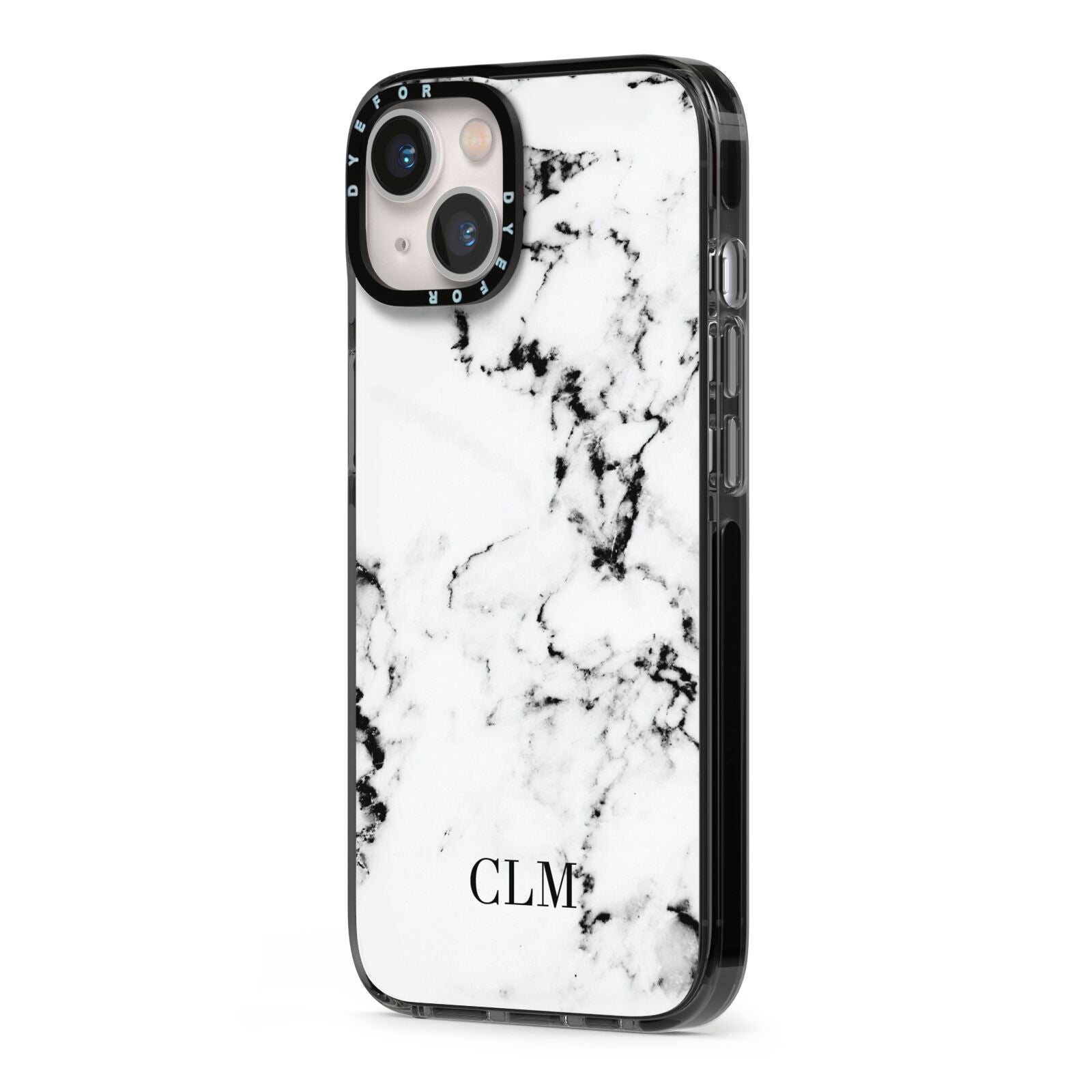 Marble Small Initials Personalised iPhone 13 Black Impact Case Side Angle on Silver phone