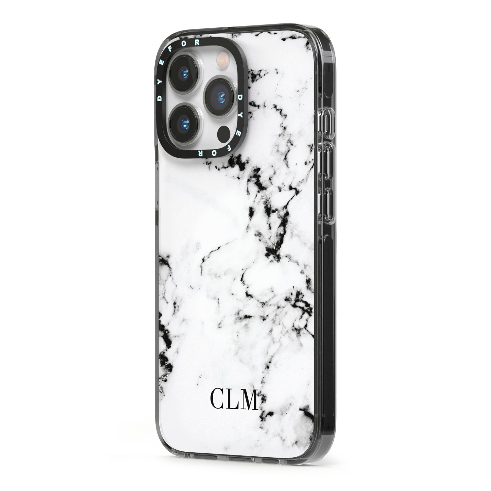 Marble Small Initials Personalised iPhone 13 Pro Black Impact Case Side Angle on Silver phone