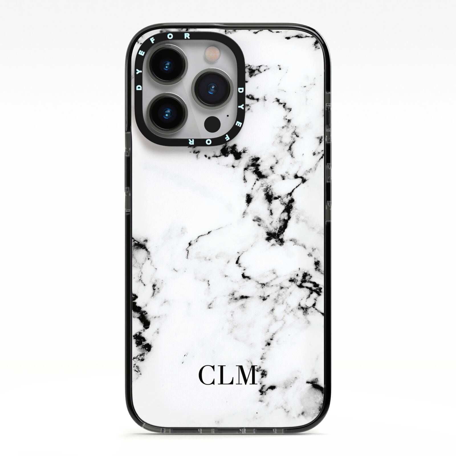 Marble Small Initials Personalised iPhone 13 Pro Black Impact Case on Silver phone