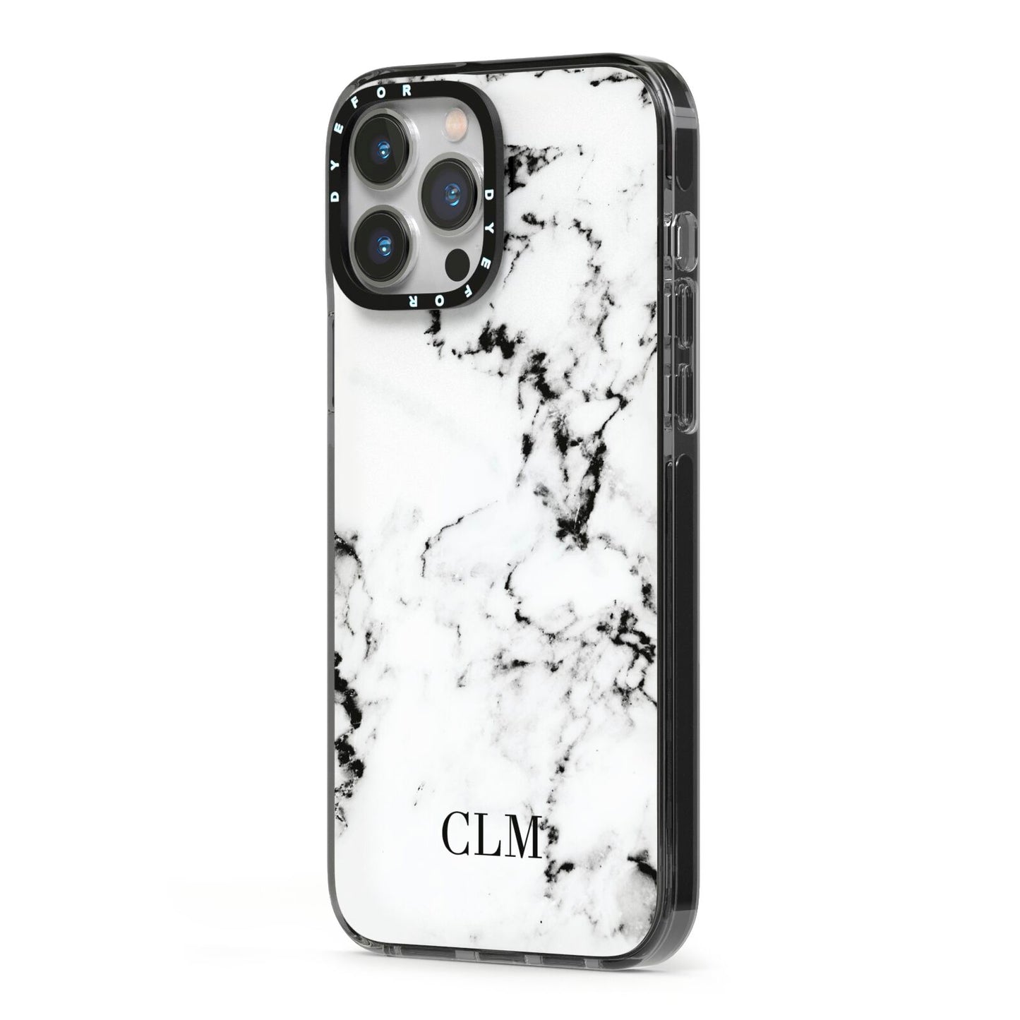 Marble Small Initials Personalised iPhone 13 Pro Max Black Impact Case Side Angle on Silver phone