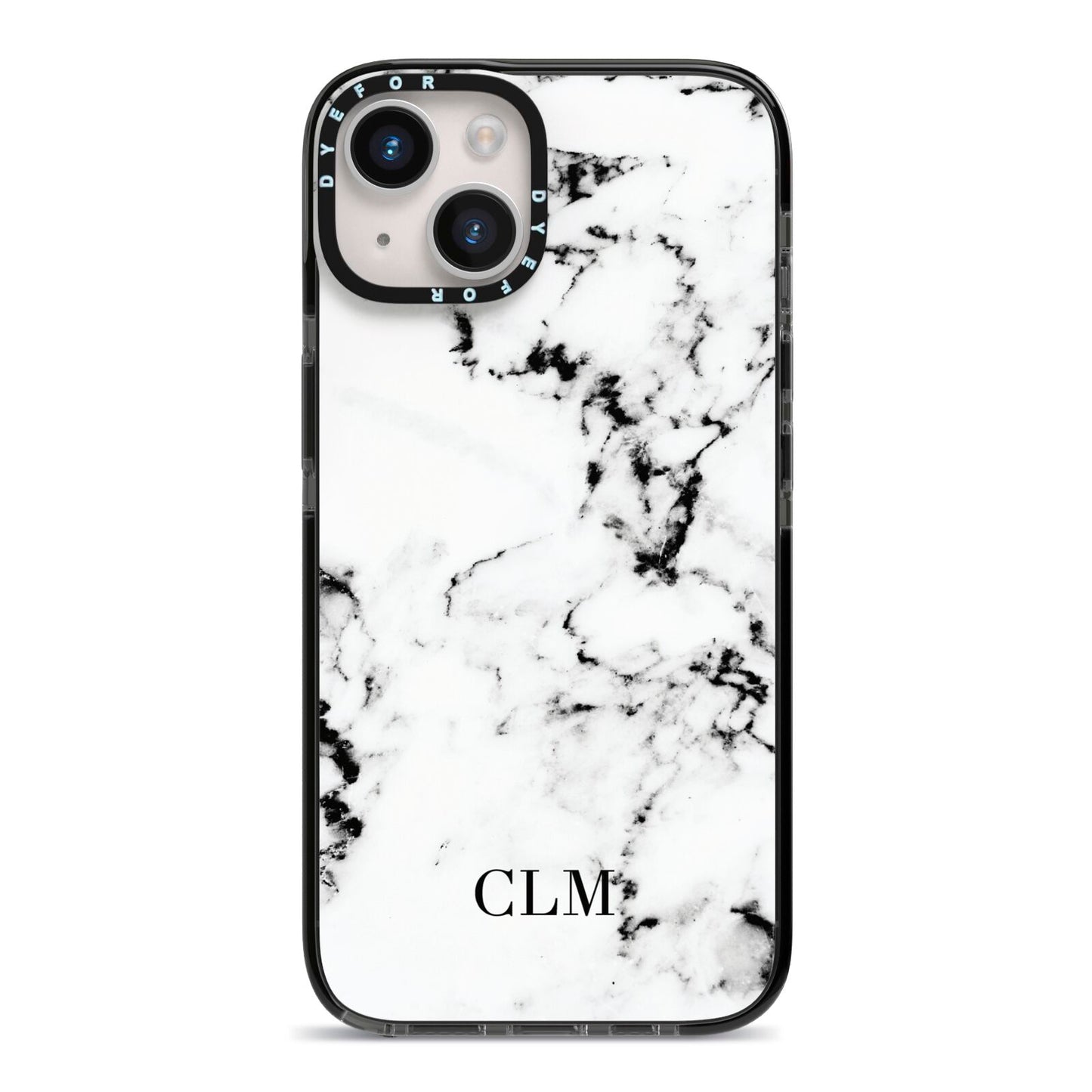 Marble Small Initials Personalised iPhone 14 Black Impact Case on Silver phone