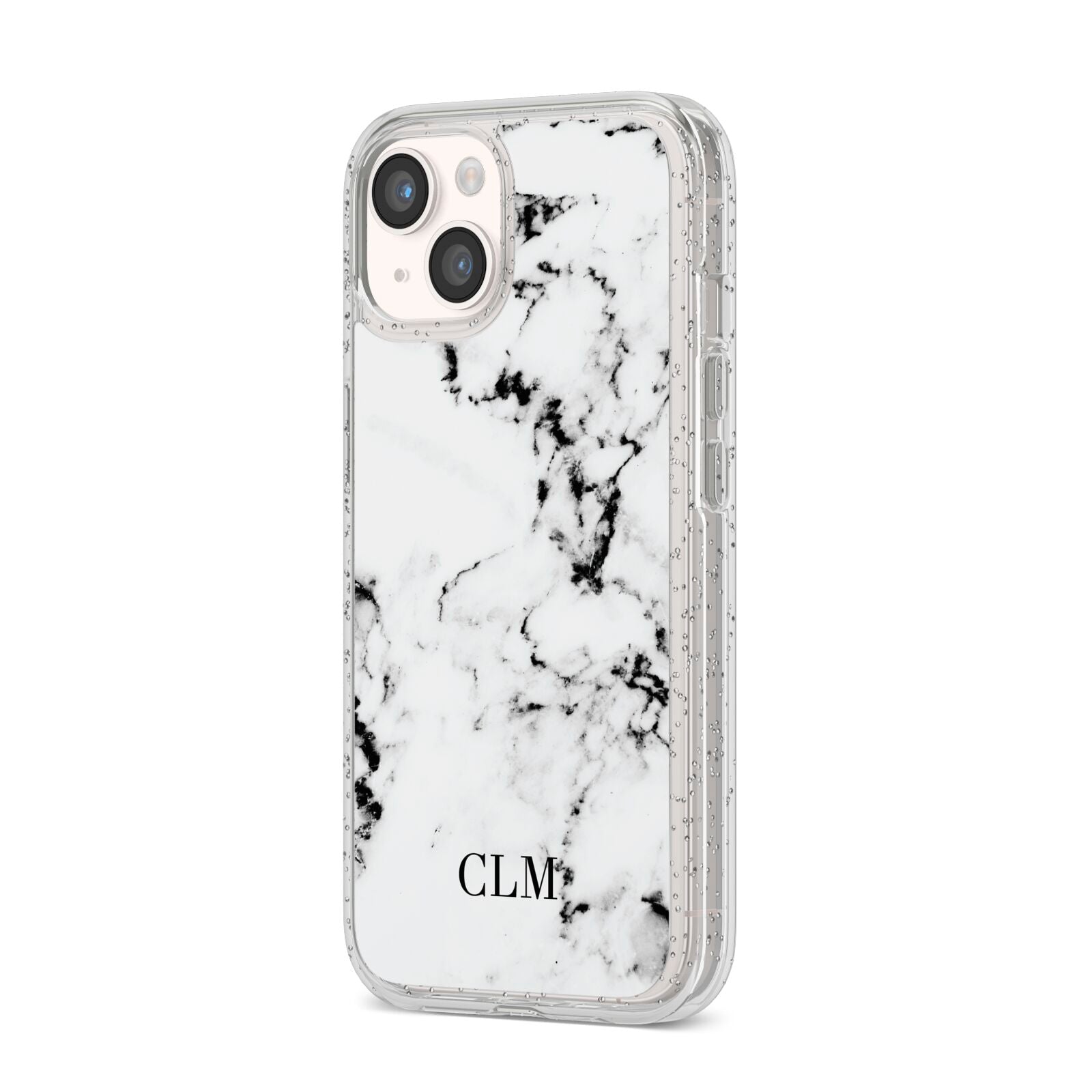 Marble Small Initials Personalised iPhone 14 Glitter Tough Case Starlight Angled Image