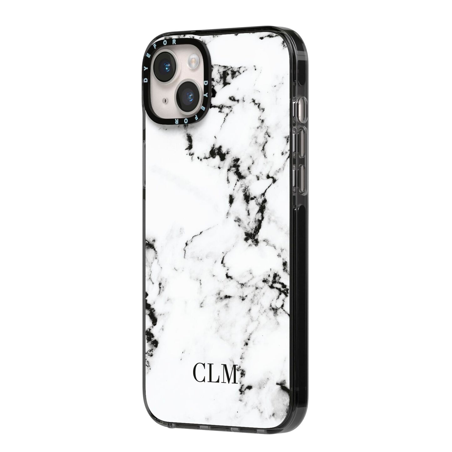 Marble Small Initials Personalised iPhone 14 Plus Black Impact Case Side Angle on Silver phone