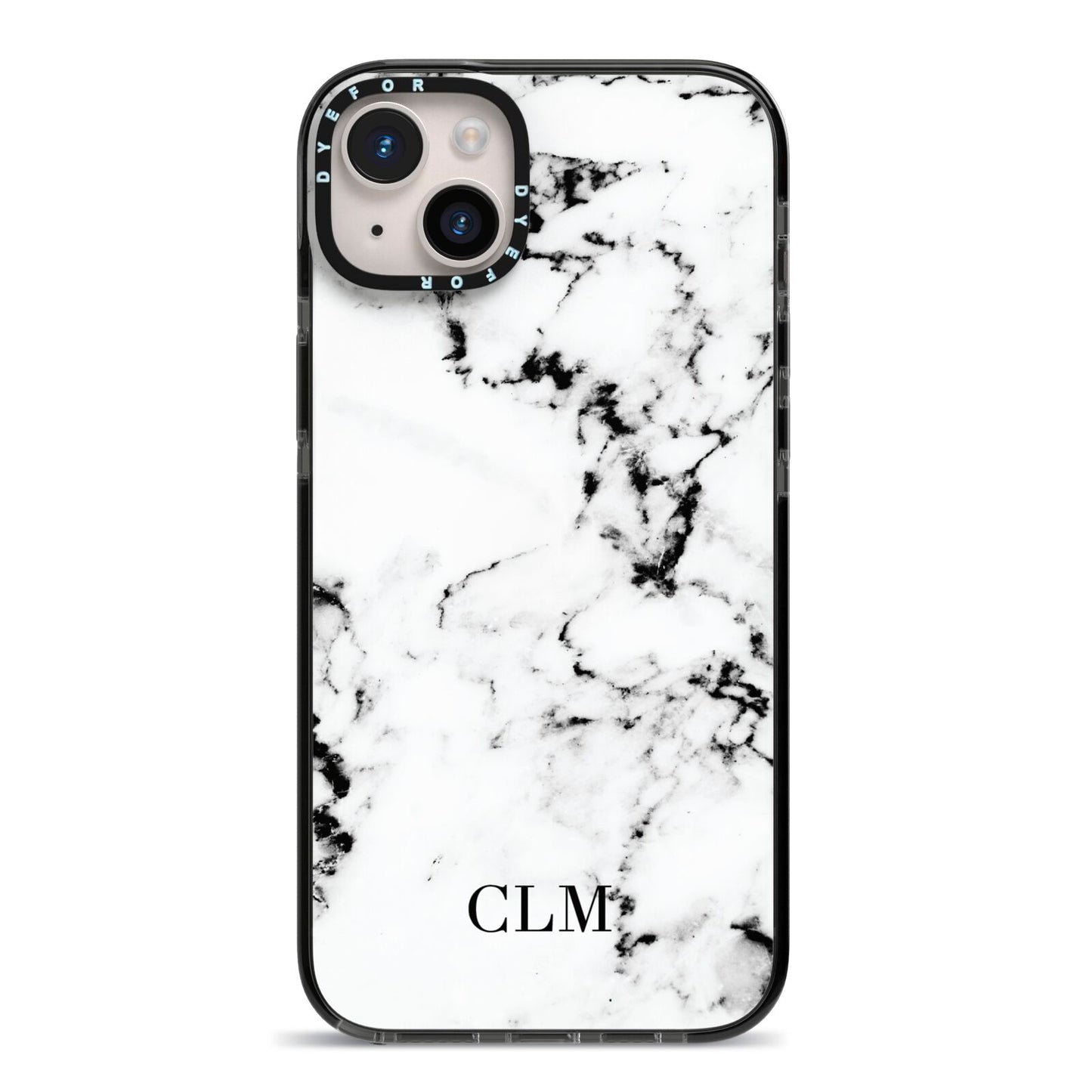 Marble Small Initials Personalised iPhone 14 Plus Black Impact Case on Silver phone