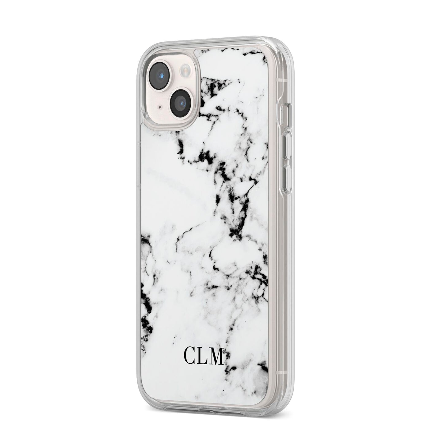 Marble Small Initials Personalised iPhone 14 Plus Clear Tough Case Starlight Angled Image