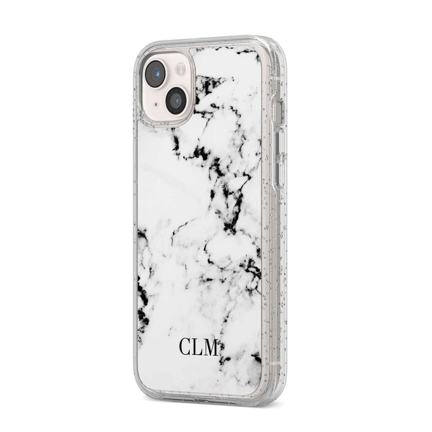Marble Small Initials Personalised iPhone 14 Plus Glitter Tough Case Starlight Angled Image
