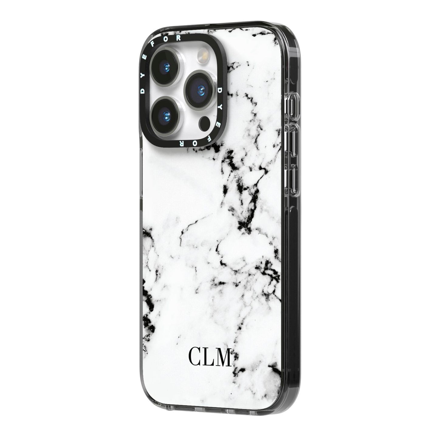 Marble Small Initials Personalised iPhone 14 Pro Black Impact Case Side Angle on Silver phone