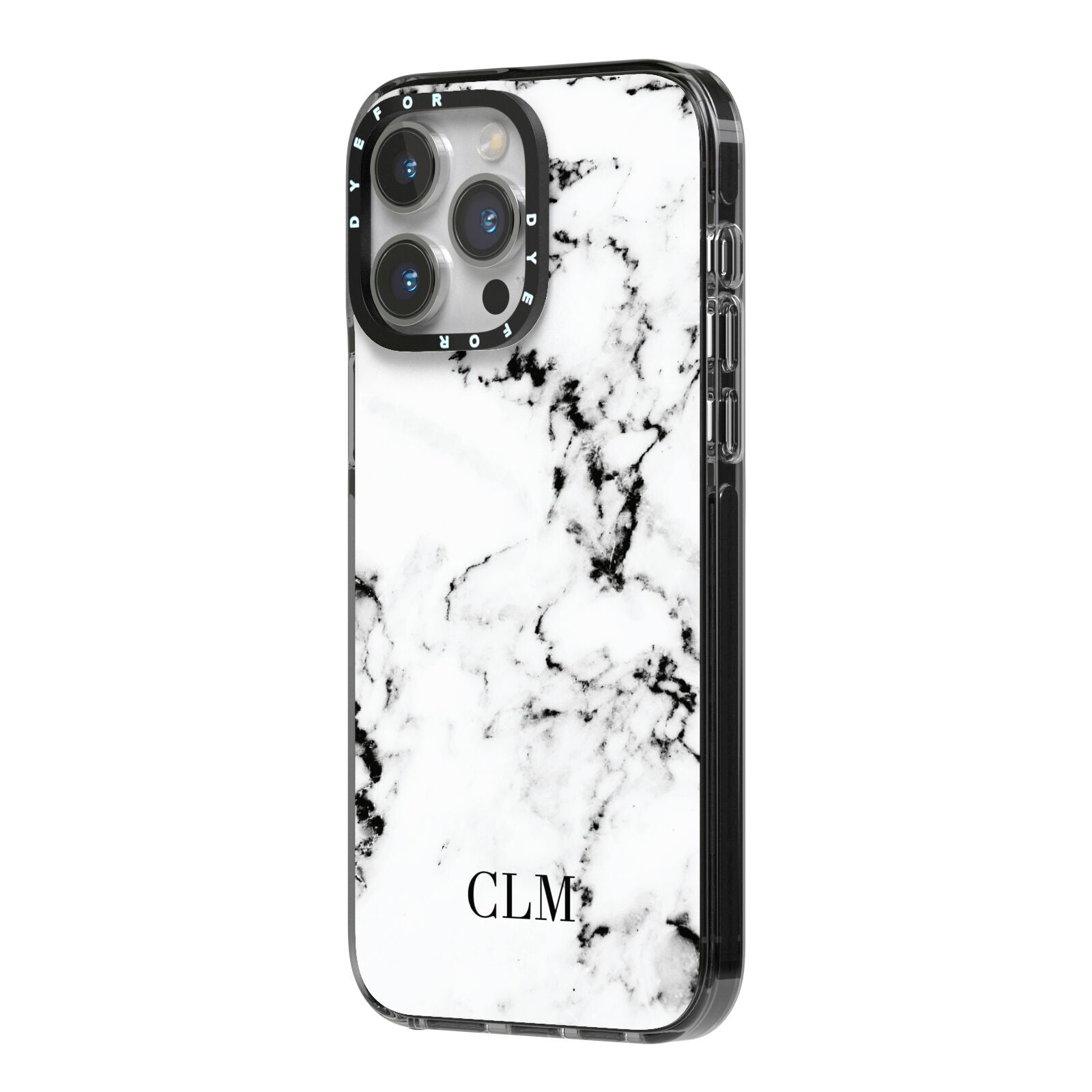 Marble Small Initials Personalised iPhone 14 Pro Max Black Impact Case Side Angle on Silver phone