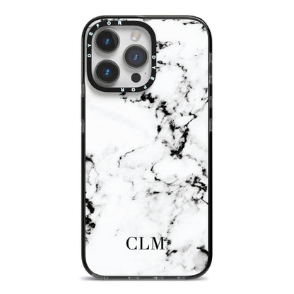 Marble Small Initials Personalised iPhone 14 Pro Max Black Impact Case on Silver phone