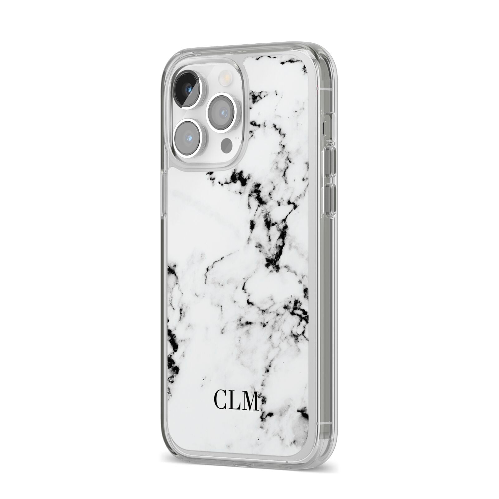 Marble Small Initials Personalised iPhone 14 Pro Max Clear Tough Case Silver Angled Image