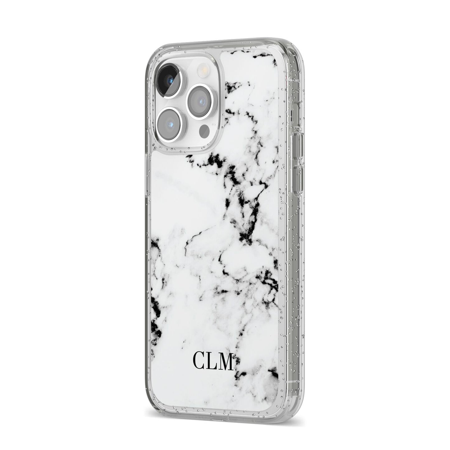 Marble Small Initials Personalised iPhone 14 Pro Max Glitter Tough Case Silver Angled Image