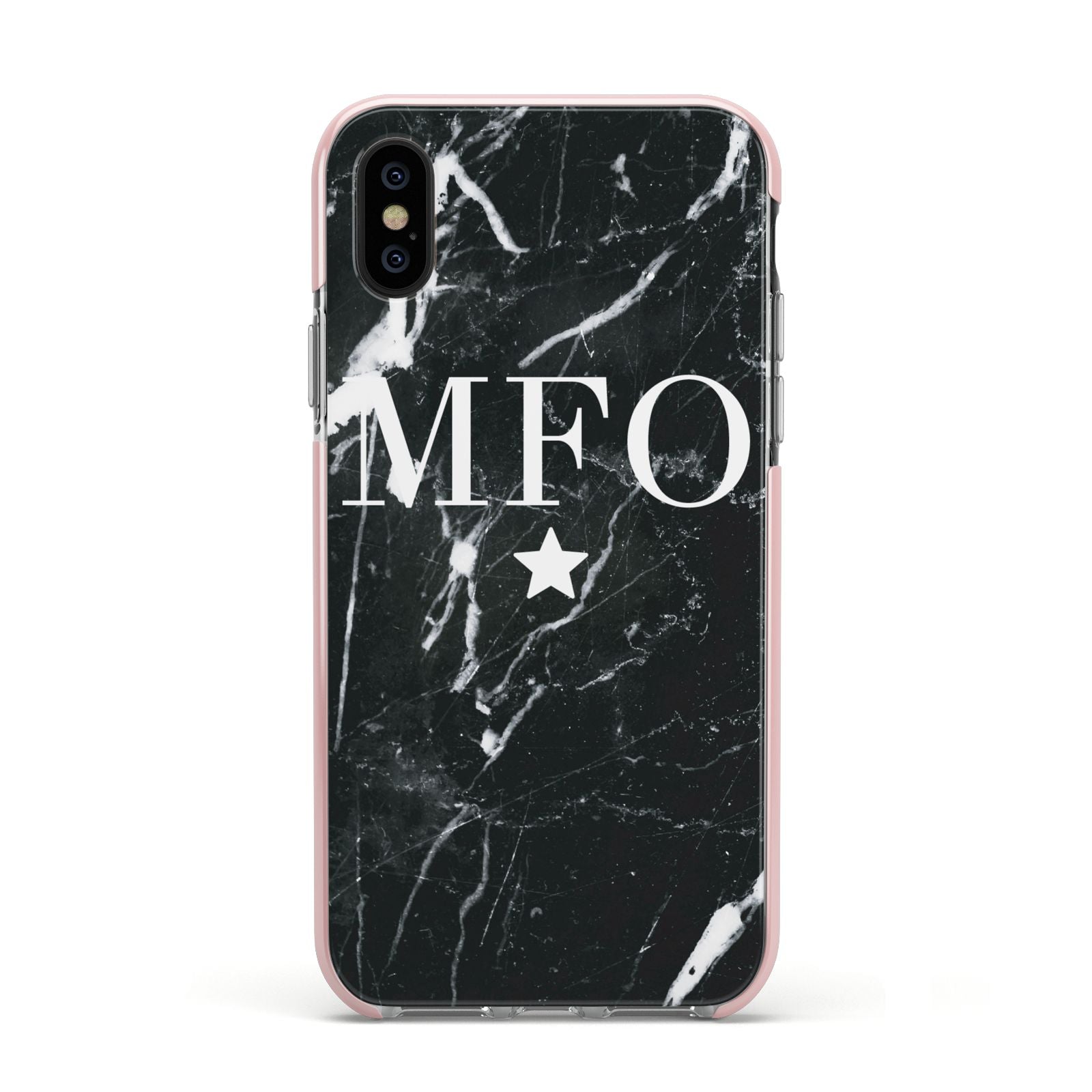 Marble Star Initials Personalised Apple iPhone Xs Impact Case Pink Edge on Black Phone