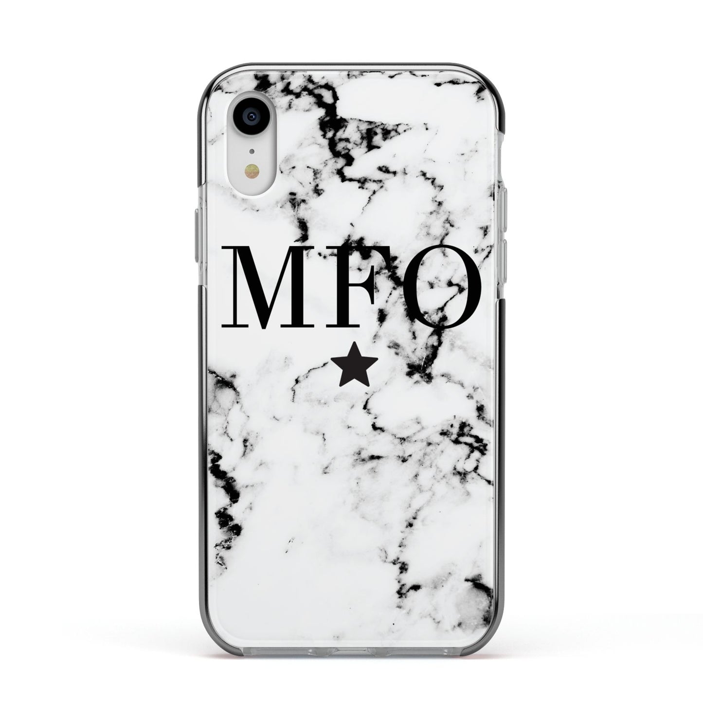 Marble Star Personalised Initials Apple iPhone XR Impact Case Black Edge on Silver Phone