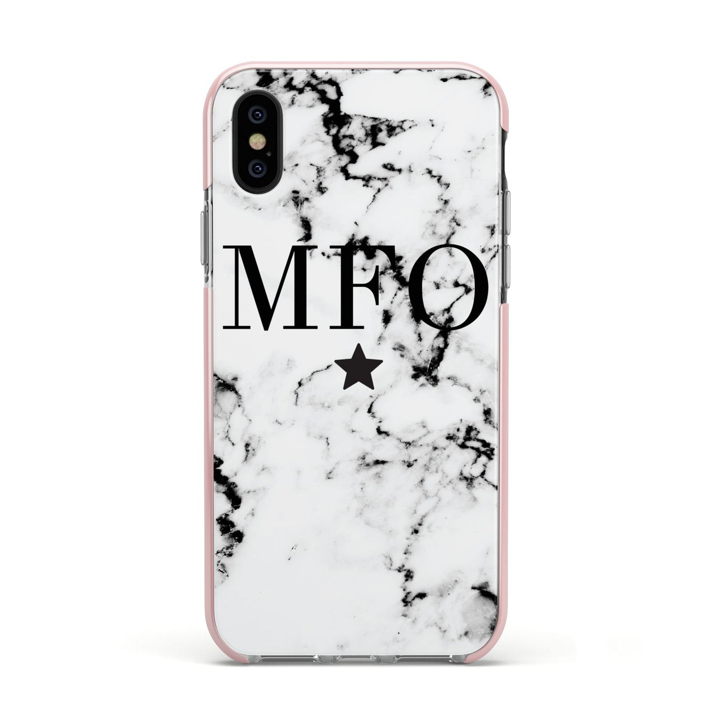 Marble Star Personalised Initials Apple iPhone Xs Impact Case Pink Edge on Black Phone